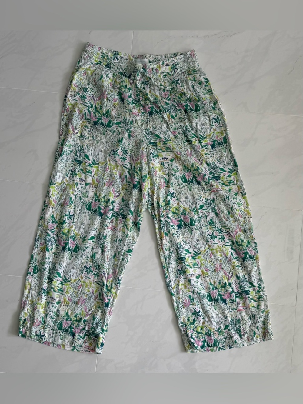 Cynthia Rowley 100% Linen Tropical Print Wide Leg Crop Pants.